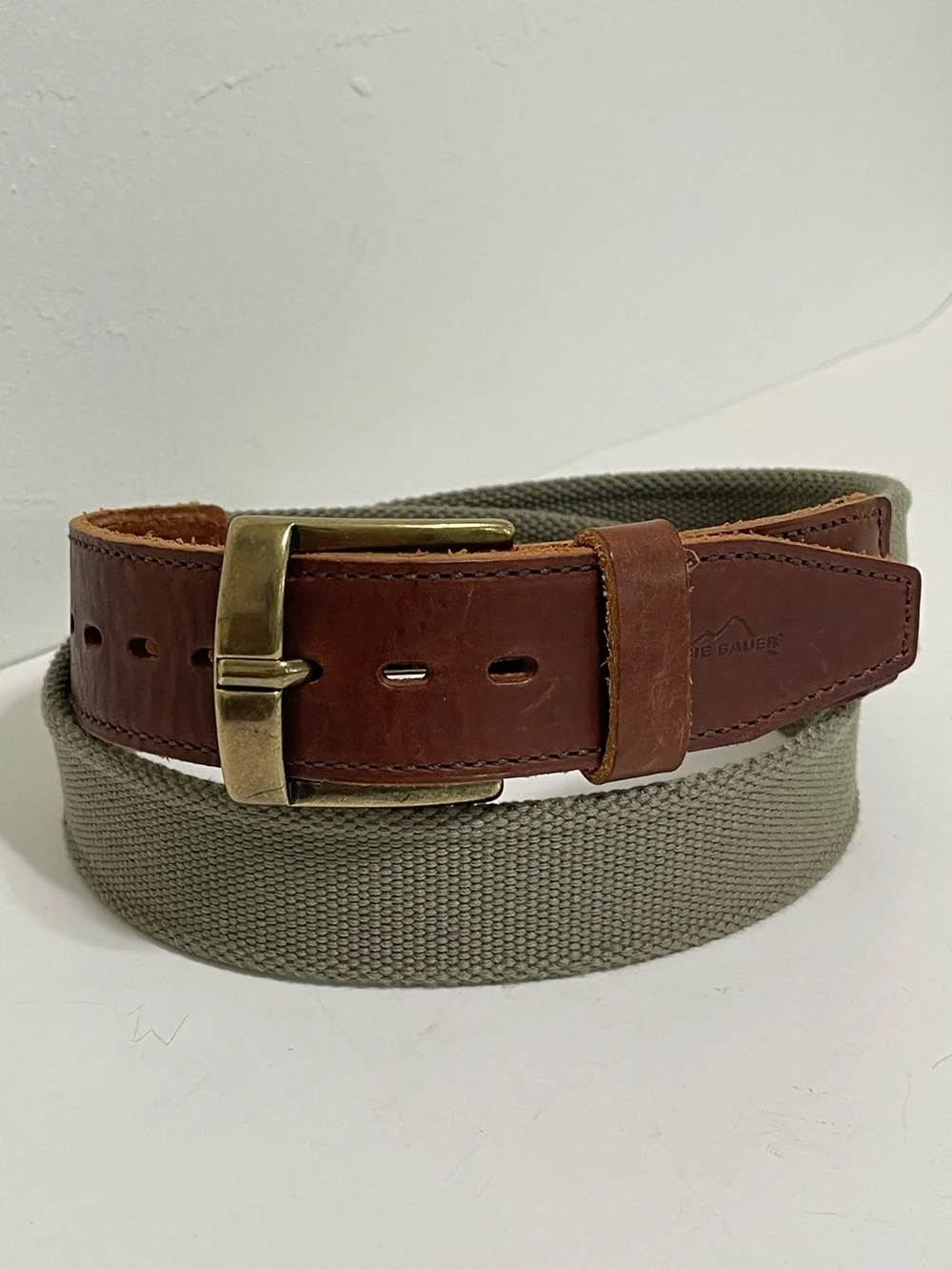 Vintage Eddie Bauer Khaki Canvas Belt Brown Leather Trim Preppy Neutral Men 40
